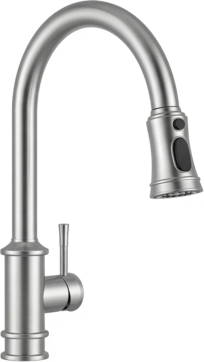 Hiqufet Vintage Kitchen Faucets with Pull Down Sprayer, Brushed Nickel | Stainless Steel High Arc, Drip-Free 3 Spray Mode, 360° Rotation, Easy DIY Single Hole Install