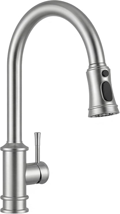 Hiqufet Vintage Kitchen Faucets with Pull Down Sprayer, Brushed Nickel | Stainless Steel High Arc, Drip-Free 3 Spray Mode, 360° Rotation, Easy DIY Single Hole Install