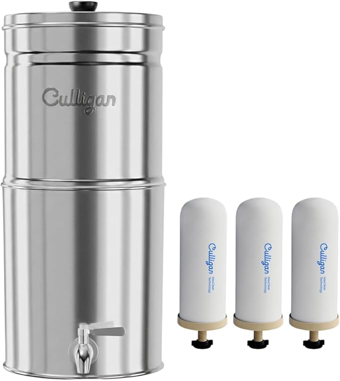 Culligan MaxClear 3 Gallon Gravity Water Filter System, Polished Stainless-Steel Countertop Water Filter NSF/ANSI Certified to Reduce Microplastics, Lead & Total PFAS, with 3 Ceramic Filters