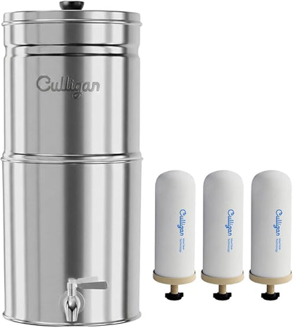 Culligan MaxClear 3 Gallon Gravity Water Filter System, Polished Stainless-Steel Countertop Water Filter NSF/ANSI Certified to Reduce Microplastics, Lead & Total PFAS, with 3 Ceramic Filters