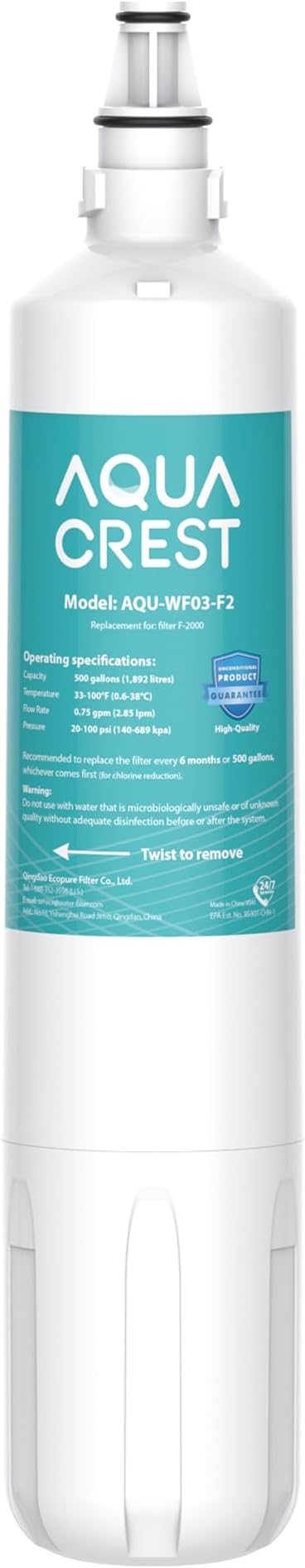 AQUA CREST F-2000 Water Filter, Replacement for InSinkErator® F-1000, F-2000, F-3000, AquaPure AP Easy C-Complete, 500 Gallons, NSF/ANSI 42