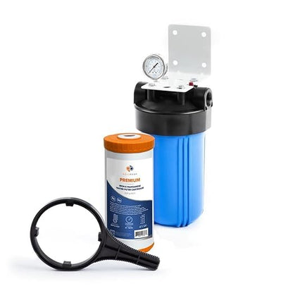 Aquaboon Whole House Water Filter System for Well Water with 5 Micron 10x4.5 Iron & Manganese Water Purification Cartrige | NSF Certified, Pressure Gauges & Releas, Wrench, Bracket 1" NPT