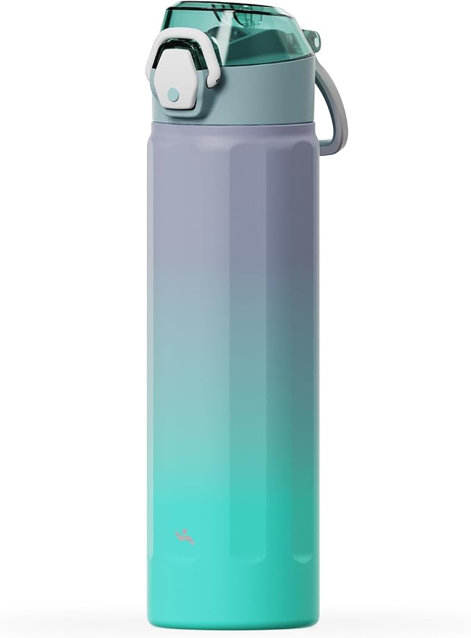 Konokyo FLOWPLAY 22oz Locking Push-Button Water Bottle with Silicone Spout,Leak-Proof,18/8 Stainless Steel Double-Wall Vacuum Insulated for Sports and Travel,BPA-Free,Oasis