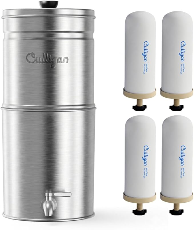 Culligan MaxClear 2.25 Gallon Gravity Water Filter System, Brushed Stainless-Steel Countertop Water Filter NSF/ANSI Certified to Reduce Microplastics, Lead & Total PFAS, with 4 Ceramic Filters