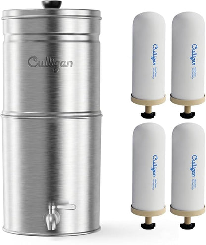 Culligan MaxClear 2.25 Gallon Gravity Water Filter System, Brushed Stainless-Steel Countertop Water Filter NSF/ANSI Certified to Reduce Microplastics, Lead & Total PFAS, with 4 Ceramic Filters