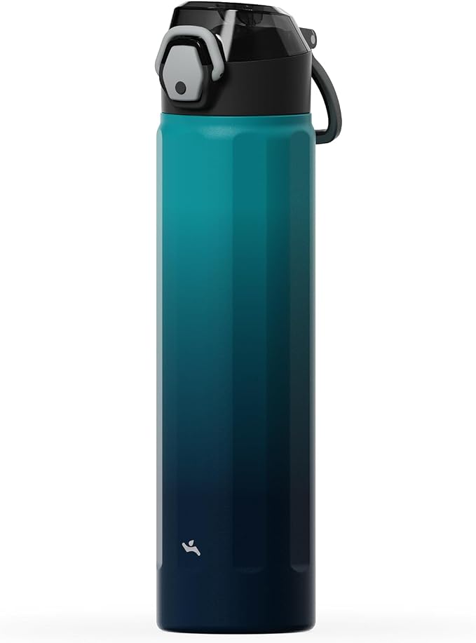 Konokyo FLOWPLAY 25oz Locking Push-Button Water Bottle with Silicone Spout,Leak-Proof,18/8 Stainless Steel Double-Wall Vacuum Insulated for Sports and Travel,BPA-Free,Sea