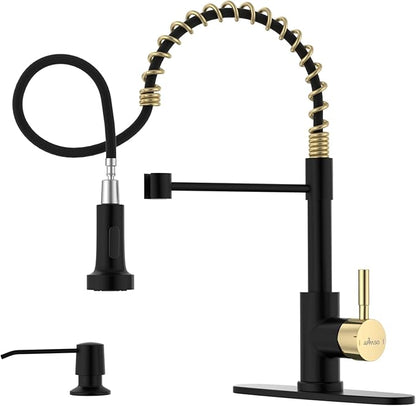 APPASO Black and Gold Spring Kitchen Faucet with Soap Dispenser | NSF/ANSI/CAN 372 & Lead-free, Commercial Single Handle High Arc Faucet for Farmhouse Camper Bar Sink Laundry Room