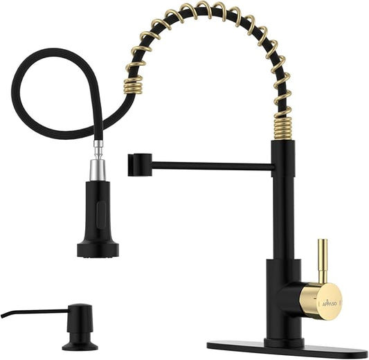 APPASO Black and Gold Spring Kitchen Faucet with Soap Dispenser | NSF/ANSI/CAN 372 & Lead-free, Commercial Single Handle High Arc Faucet for Farmhouse Camper Bar Sink Laundry Room
