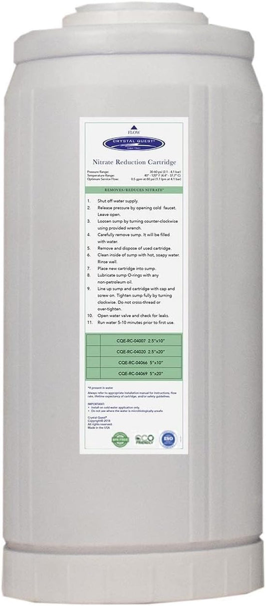 Crystal Quest Nitrate Reduction Water Filter Cartridge – High Capacity, Specialized Resin, Easy Installation, Reliable Performance 4-5/8” x 9-3/4”
