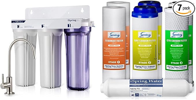 iSpring US31 Classic 3-Stage Under Sink Water Filtration System & F7-GAC for Standard 5-Stage Reverse Osmosis RO Systems 1-Year Replacement Supply Filter Cartridge Pack Set, 7 Count, White