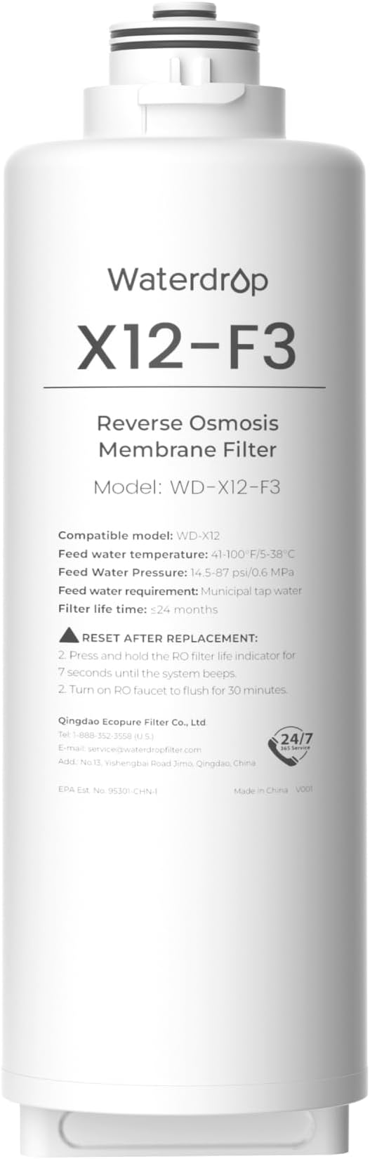Waterdrop X12-F3 Filter, Replacement for All X12 1200 GPD Series Reverse Osmosis System, Reduce PFAS, 24-month Lifetime