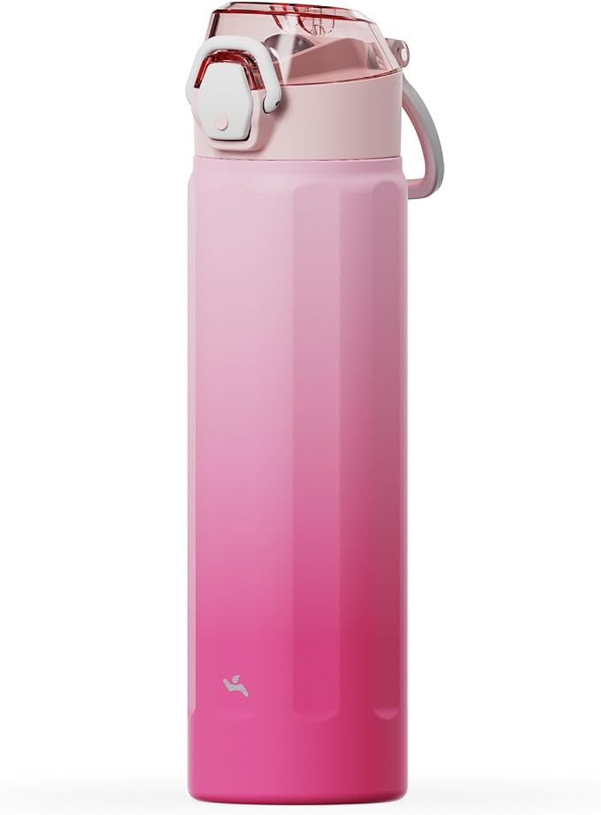 Konokyo FLOWPLAY 22oz Locking Push-Button Water Bottle with Silicone Spout,Leak-Proof,18/8 Stainless Steel Double-Wall Vacuum Insulated for Sports and Travel,BPA-Free,Cherry Blossom