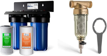iSpring WGB21B 2-Stage Whole House Water Filtration System & WSP-50SL Reusable Whole House Spin Down Sediment Water Filter with Siliphos, Multiple Micron Sizes, 20 GPM, 1" MNPT + 3/4" FNPT, 50