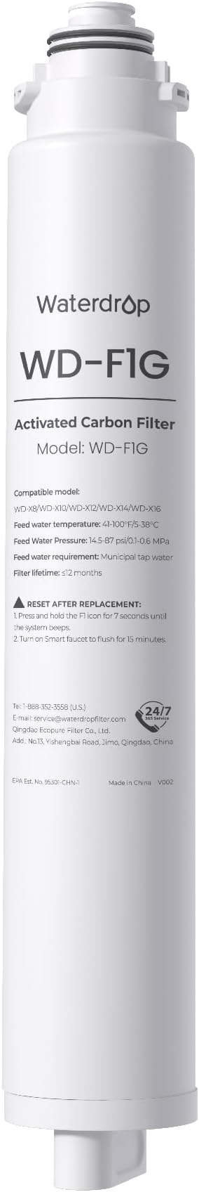 Waterdrop F1G Filter, Replacement for X8 & X8-PRO & X12-WCS & X12-Plus Reverse Osmosis System, [ NO Minerals Added ], 12-month Lifetime