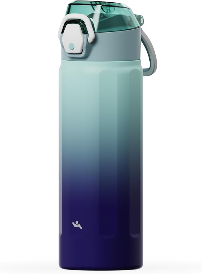 Konokyo FLOWPLAY 18oz Locking Push-Button Water Bottle with Silicone Spout,Leak-Proof,18/8 Stainless Steel Double-Wall Vacuum Insulated for Sports and Travel,BPA-Free,Ocean Dream