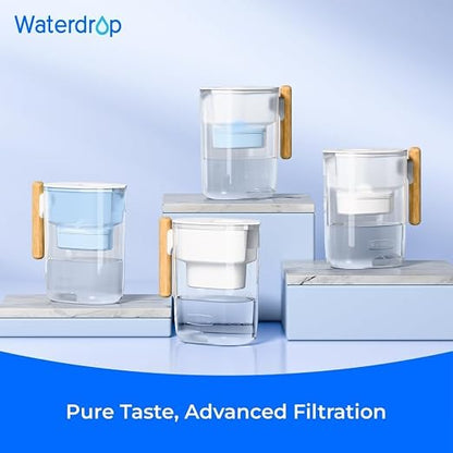 Waterdrop PT-04B 10-Cup Water Filter Pitcher with 4 Filters, NSF Certified | 800-Gallon Long-Life Filter, 5X Longer Filter Life, Reduces PFOA/PFOS and Chlorine, BPA-Free, Sturdy Wooden Handle, Blue