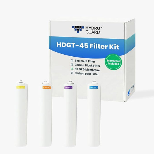 Hydro Guard HDGT-45 4-Stage RO Filter Replacement Kit with 50 GPD Membrane | Complete annual filter refresh bundle for HDGT-45 reverse osmosis drinking water systems; includes all 4 stages plus membrane