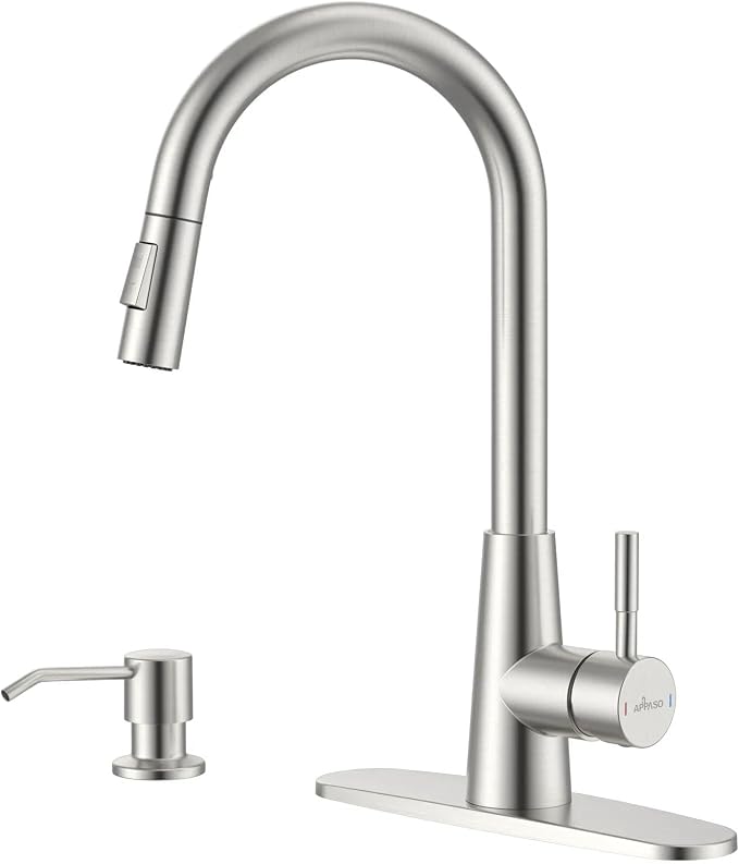 APPASO Brushed Nickel Kitchen Faucet with Soap Dispenser and Pull Down Sprayer, 2-Mode S304 Stainless Steel High Arc Faucet with Deck Plate for 1-4 Hole Sink, Lead-Free cUPC Certified
