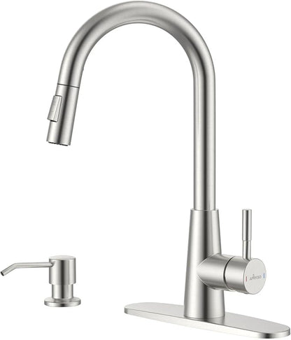 APPASO Brushed Nickel Kitchen Faucet with Soap Dispenser and Pull Down Sprayer, 2-Mode S304 Stainless Steel High Arc Faucet with Deck Plate for 1-4 Hole Sink, Lead-Free cUPC Certified