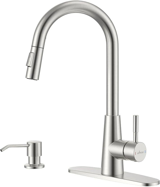 APPASO Brushed Nickel Kitchen Faucet with Soap Dispenser and Pull Down Sprayer, 2-Mode S304 Stainless Steel High Arc Faucet with Deck Plate for 1-4 Hole Sink, Lead-Free cUPC Certified