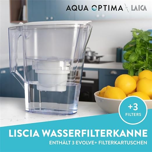 Aqua Optima Liscia Water Filter Jug & 3 x 30 Day Evolve+ Filter Cartridges, 2.5 Litre Capacity, for Reduction of Microplastics, Chlorine, Limescale and Impurities, White (Packaging May Vary)