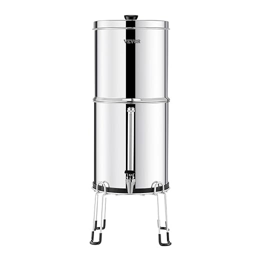 VEVOR Gravity-fed Water Filter System, 2.25G 304 Stainless-Steel Countertop Filtration System, Reduces Lead and up to 99% of Chlorine, with 2 Activated Carbon Filter, 2 Defluorination Filter, Spigot