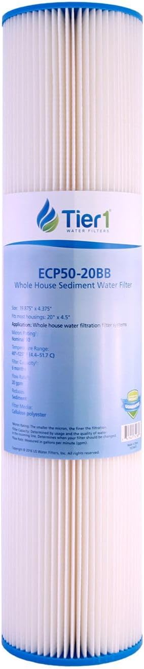 Tier1 50 Micron 20 x 4.5 Water Filter | Pleated Polyester Whole House Sediment Filter Cartridge | Replacement for Pentek ECP50-BB, 4PAY5, 255496-43 | 4.5 x 20 Water Filter