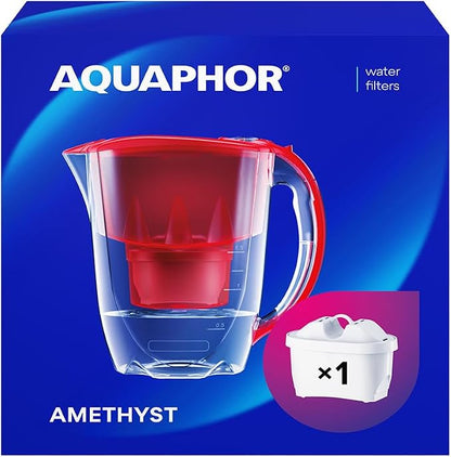 AQUAPHOR Water Filter Jug Amethyst with 1 X MAXFOR+ 200L Cartridge - Capacity 2.8L - Red