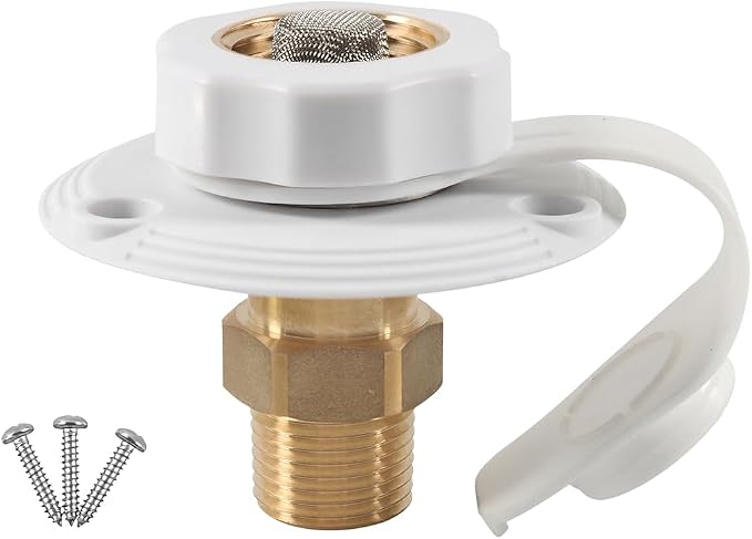 RV City Water Inlet with Check Valve, 3/4'' NH Female to 1/2" NPT Male Brass Motorhome Water Fill Inlet Connection, Camper Liquid Hose Connector, Universal for Trailer Camper RV (White)