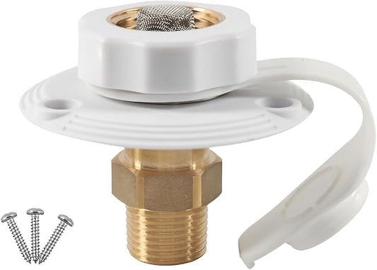 RV City Water Inlet with Check Valve, 3/4'' NH Female to 1/2" NPT Male Brass Motorhome Water Fill Inlet Connection, Camper Liquid Hose Connector, Universal for Trailer Camper RV (White)