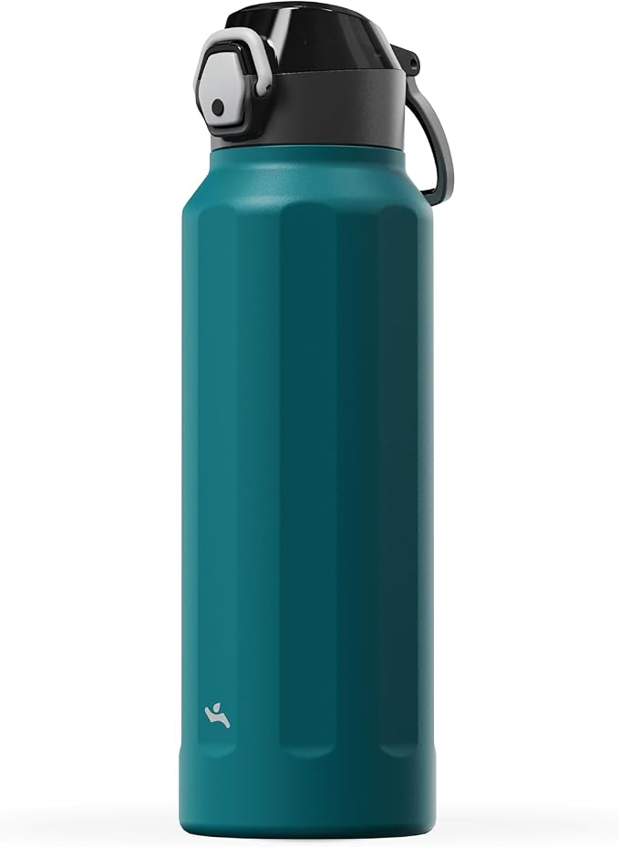 Konokyo FLOWPLAY 40oz Locking Push-Button Water Bottle with Silicone Spout,Leak-Proof,18/8 Stainless Steel Double-Wall Vacuum Insulated for Sports and Travel,BPA-Free,Lake blue