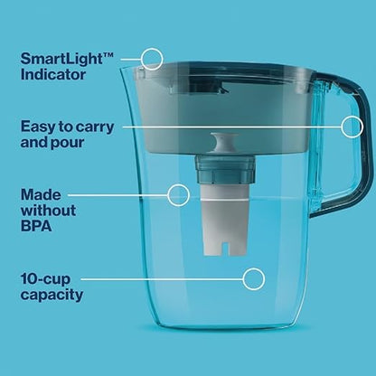 Brita Tahoe Large 10 Cup Water Filter Pitcher with Smart Light Filter Reminder and 1 Standard Filter- Transparent Teal