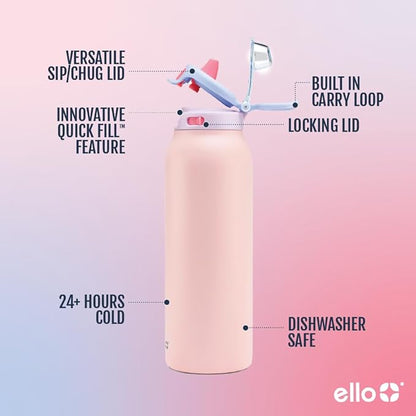 Ello Pop & Fill 32oz Stainless Steel Water Bottle with Quick Fill Technology, Double Walled and Vacuum Insulated Metal, Leak Proof Locking Lid, Sip and Chug, Reusable, BPA Free, Heavenly Hues