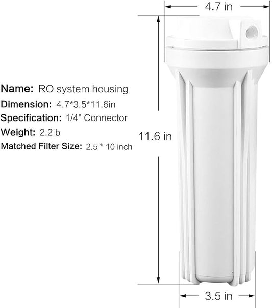 Geekpure 10 Inch Reverse Osmosis Water Filter Housing-1/4" Port | For RO Filtration System, Fit for 2.5" x 10" Filters