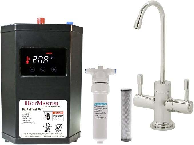 Westbrass DT1F2051-05 Contemporary 10 in. Hot and Cold Faucet with HotMaster DigiHot Digital Tank System Water Dispenser, Polished Nickel