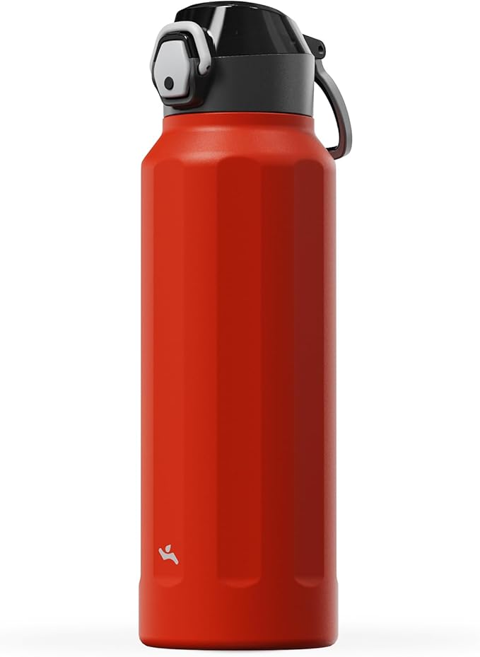 Konokyo FLOWPLAY 40oz Locking Push-Button Water Bottle with Silicone Spout,Leak-Proof,18/8 Stainless Steel Double-Wall Vacuum Insulated for Sports and Travel,BPA-Free,Red