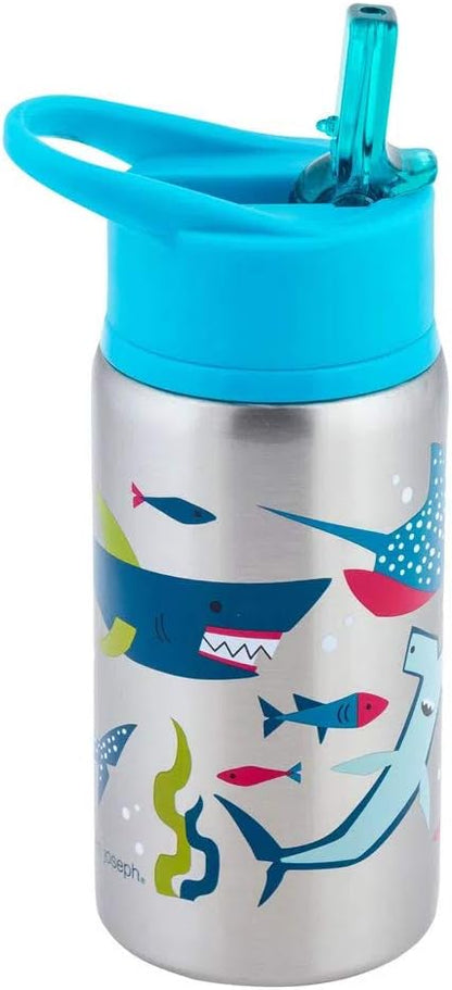 Stephen Joseph Stainless Steel Water Bottles, 18 OZ, Straw lid, Reusable tumbler, Insulated, Shark