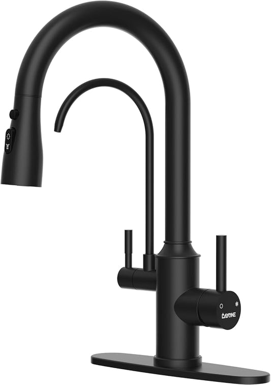DAYONE Matte Black Kitchen Faucet with Drinking Purfied Water Faucet, 3 Holes High Arc 3 in 1 Sink Tap Stainless Steel, Two-Handle 3-Way Pull Down Sprayer, (Without System)