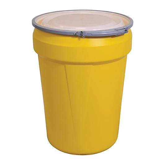 Eagle Plastic Drum, 30 Gallon Drum, DOT Compliant, Made in USA, Yellow | High-Density-Polyethylene Construction, Open Head Lab Pack Drum, Metal Lever-Lock Lid, Hazardous Material Storage, Transport