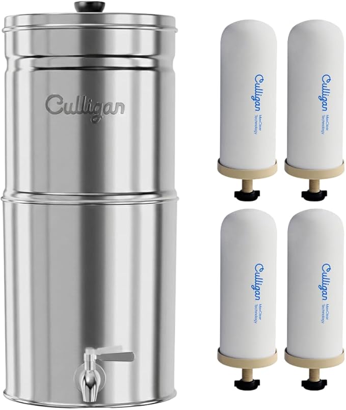 Culligan MaxClear 2.25 Gallon Gravity Water Filter System, Polished Stainless-Steel Countertop Water Filter NSF/ANSI Certified to Reduce Microplastics, Lead & Total PFAS, with 4 Ceramic Filters