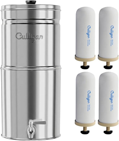 Culligan MaxClear 2.25 Gallon Gravity Water Filter System, Polished Stainless-Steel Countertop Water Filter NSF/ANSI Certified to Reduce Microplastics, Lead & Total PFAS, with 4 Ceramic Filters