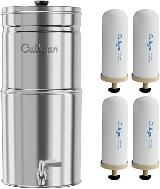 Culligan MaxClear 2.25 Gallon Gravity Water Filter System, Polished Stainless-Steel Countertop Water Filter NSF/ANSI Certified to Reduce Microplastics, Lead & Total PFAS, with 4 Ceramic Filters