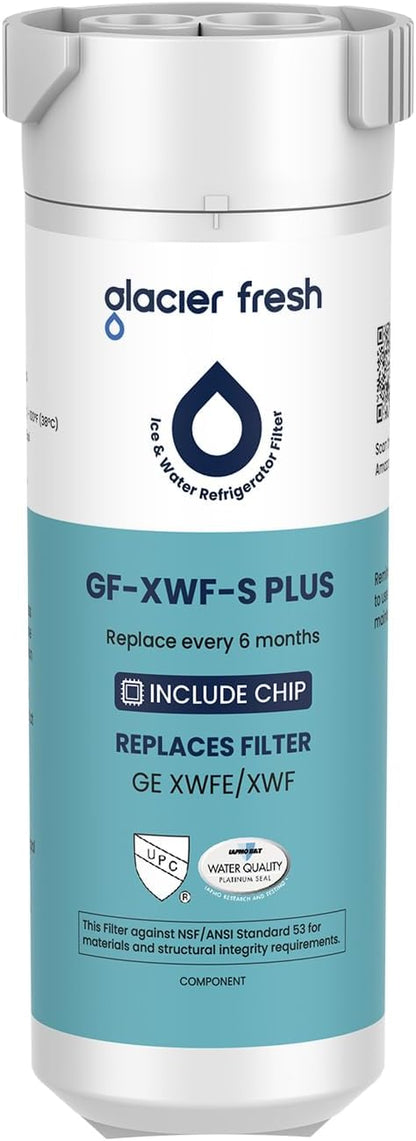 GLACIER FRESH Water Filter Compatible with XWFE (Built-in CHIP), Replacement for GE XWFE, XWF Refrigerator Water Filter NSF/ANSI 53 Certification Pack of 1 | Replacement for GE XWFE, XWF Refrigerator Water Filter NSF/ANSI 53 Certification