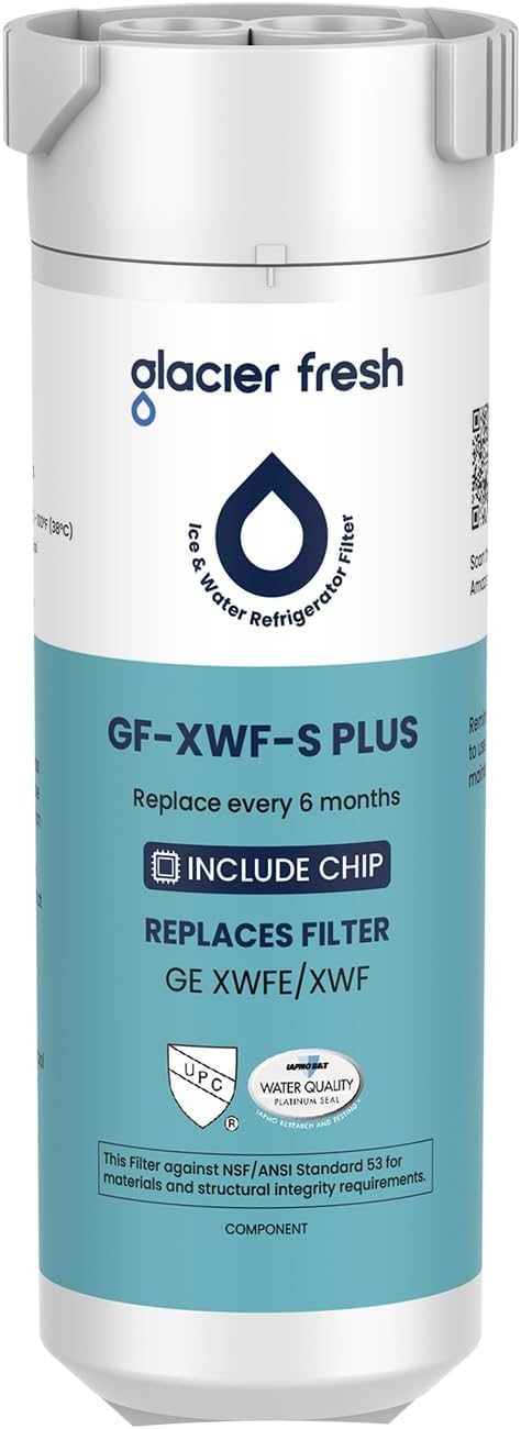 GLACIER FRESH Water Filter Compatible with XWFE (Built-in CHIP), Replacement for GE XWFE, XWF Refrigerator Water Filter NSF/ANSI 53 Certification Pack of 1 | Replacement for GE XWFE, XWF Refrigerator Water Filter NSF/ANSI 53 Certification