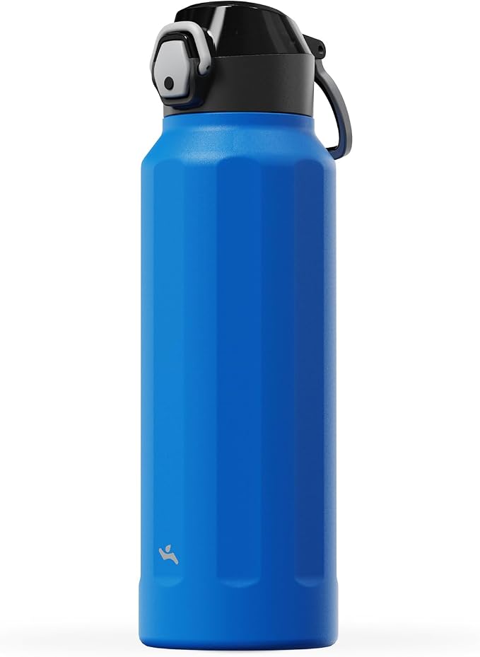 Konokyo FLOWPLAY 40oz Locking Push-Button Water Bottle with Silicone Spout,Leak-Proof,18/8 Stainless Steel Double-Wall Vacuum Insulated for Sports and Travel,BPA-Free,Sapphire Blue