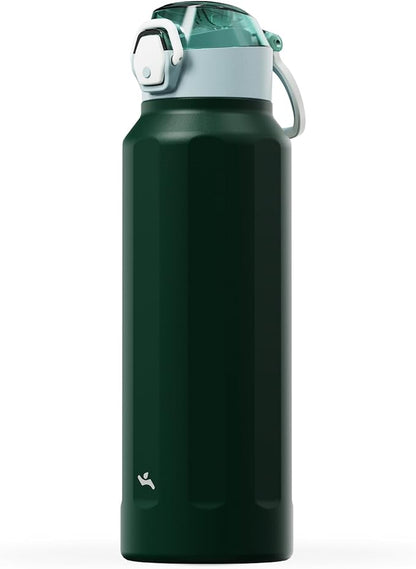 Konokyo FLOWPLAY 40oz Locking Push-Button Water Bottle with Silicone Spout,Leak-Proof,18/8 Stainless Steel Double-Wall Vacuum Insulated for Sports and Travel,BPA-Free,Dark Green