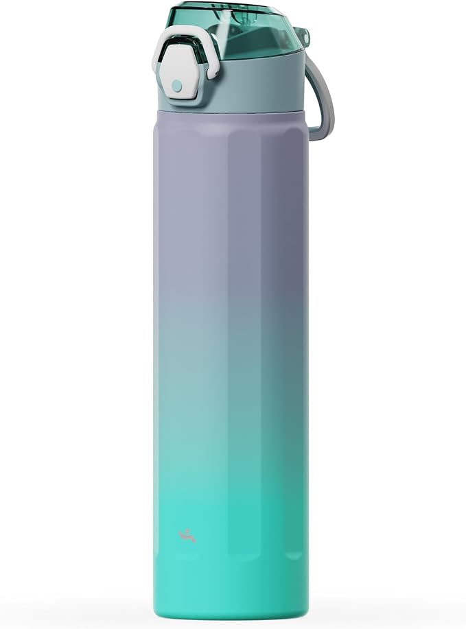 Konokyo FLOWPLAY 25oz Locking Push-Button Water Bottle with Silicone Spout,Leak-Proof,18/8 Stainless Steel Double-Wall Vacuum Insulated for Sports and Travel,BPA-Free,Oasis