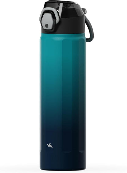 Konokyo FLOWPLAY 22oz Locking Push-Button Water Bottle with Silicone Spout,Leak-Proof,18/8 Stainless Steel Double-Wall Vacuum Insulated for Sports and Travel,BPA-Free,Sea