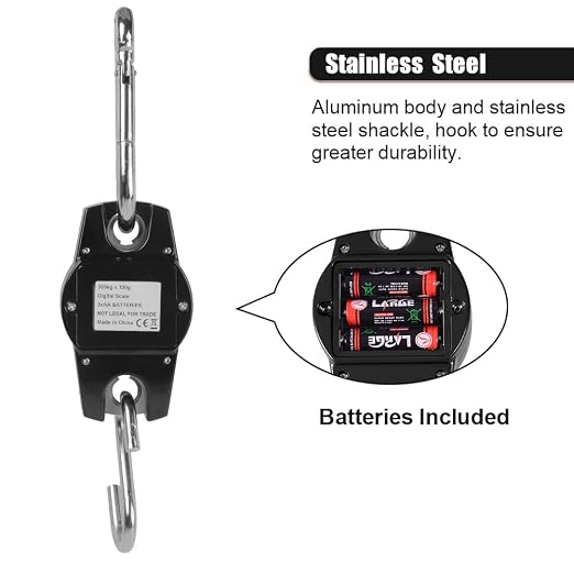 Fuzion Hanging Scale 660LB - Heavy Duty Crane Scale with Aluminum Body | Stainless Steel Hook, Hold/Tare Function, Large Display, Digital Hanging Scales for Weighing Animals, Hays, Fish, Luggage