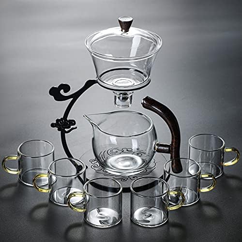 RORA Lazy Kungfu Glass Tea Set Semi Automatic Drip Rotating with Infuser Glass Teapot Set (6 cups)